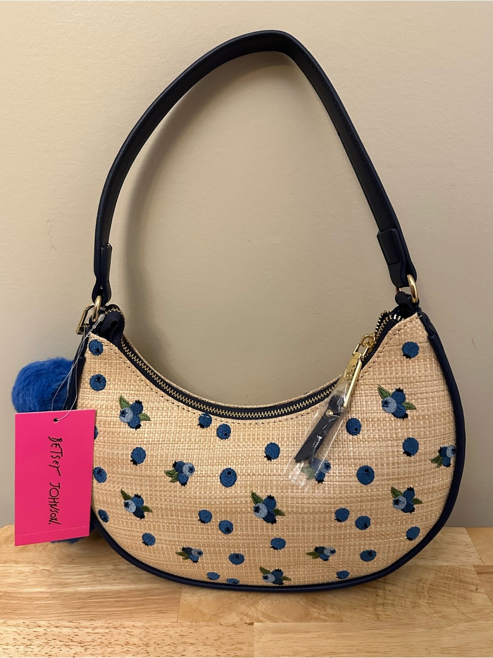 Betsey Johnson Navy Trim Straw Shoulder Bag with a Blue Pom Pom Charm - Picture 10 of 16